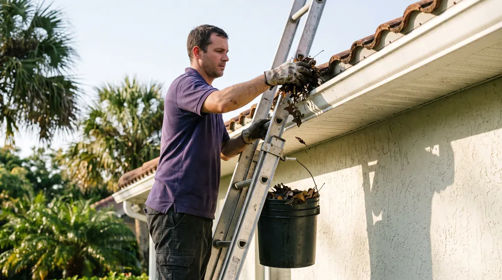 A technician scooping wet leaves out of a clogged white gutter into a bucket.