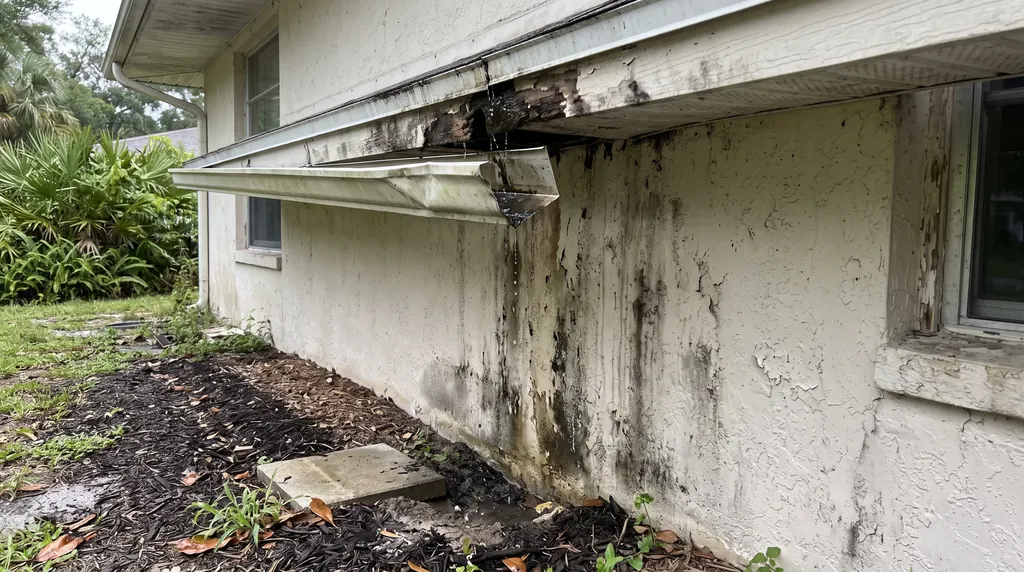 Water stains and mildew on stucco beneath a failing gutter.