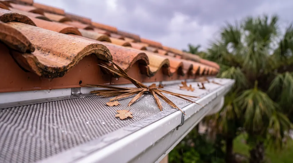 A micro mesh gutter guard with palm debris resting on top while rain passes through.