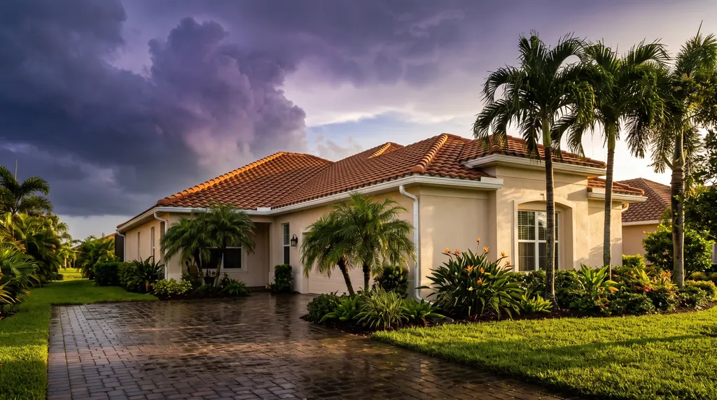 A Southwest Florida tile-roof home with new white seamless gutters as storm clouds clear.