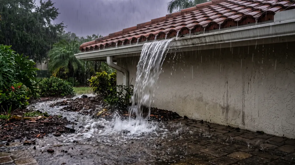 Rainwater pouring over a clogged gutter onto a paver patio during a Florida storm.