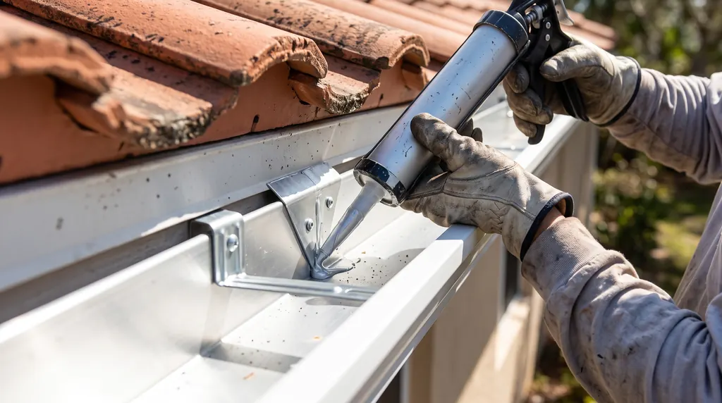 Gloved hands sealing the mitered corner of a white aluminum gutter.