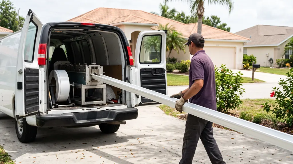 A WeatherWiz crew member guiding a continuous seamless gutter as it is formed on-site.