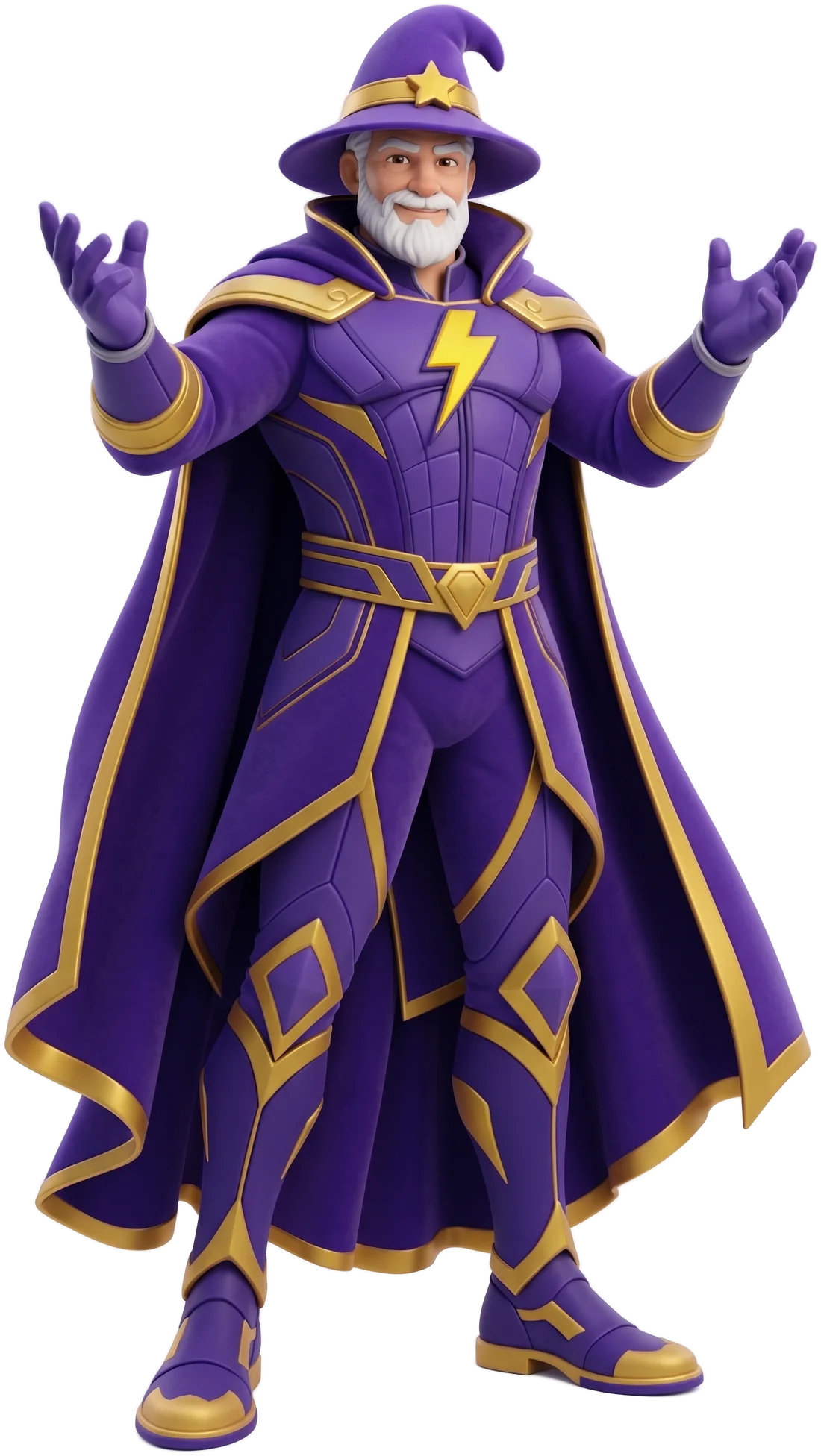 The WeatherWiz wizard, arms open, in front of a freshly guttered Florida home.