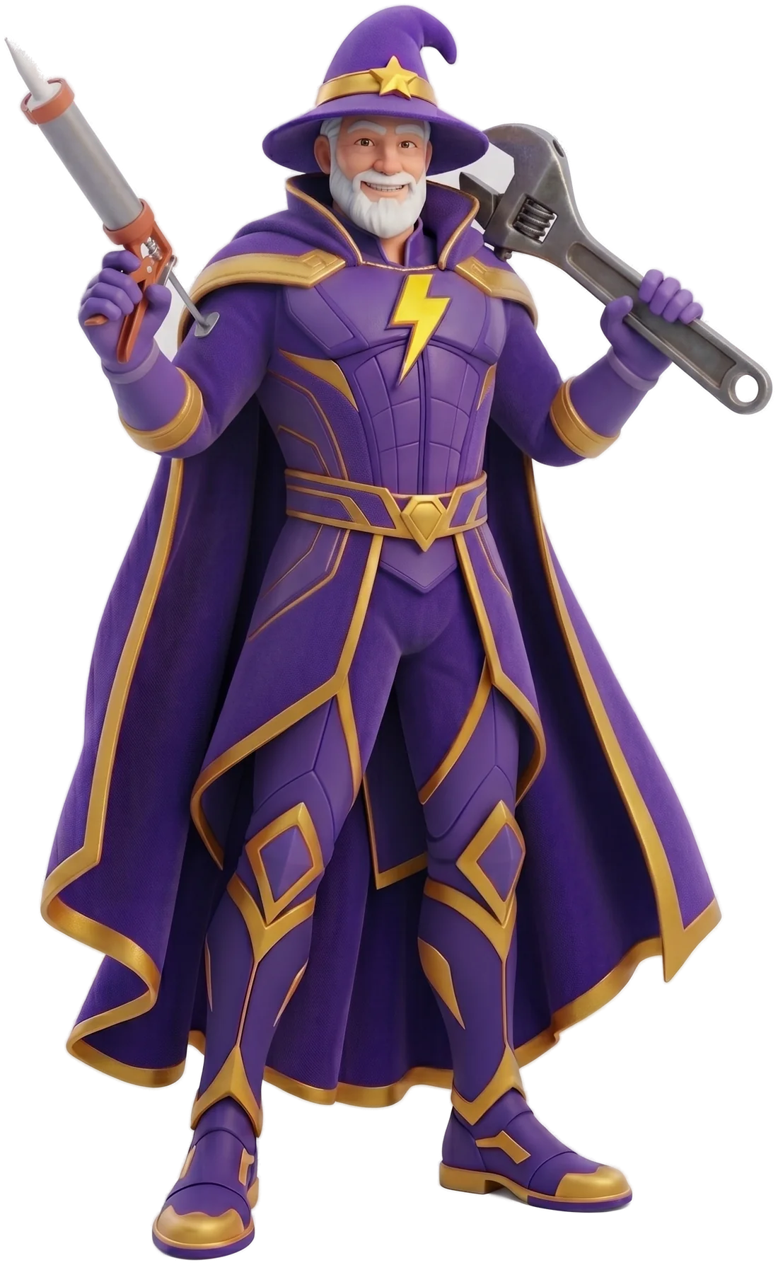 The WeatherWiz wizard ready to repair a gutter.
